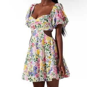ASTR Floral Puff Sleeve Backless Cutout Mini Dress size large
